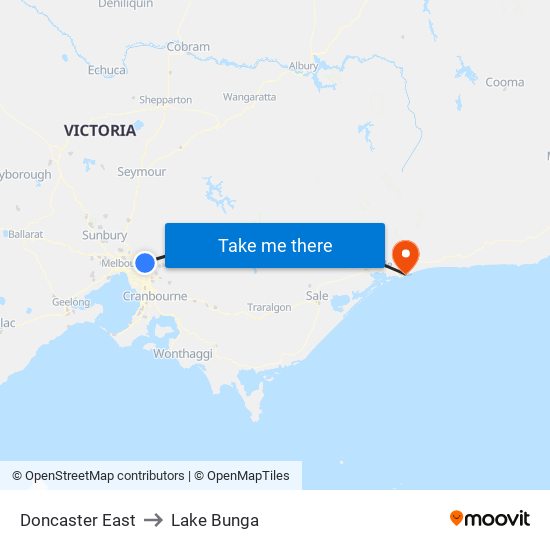 Doncaster East to Lake Bunga map