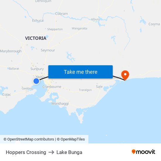 Hoppers Crossing to Lake Bunga map