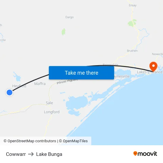 Cowwarr to Lake Bunga map
