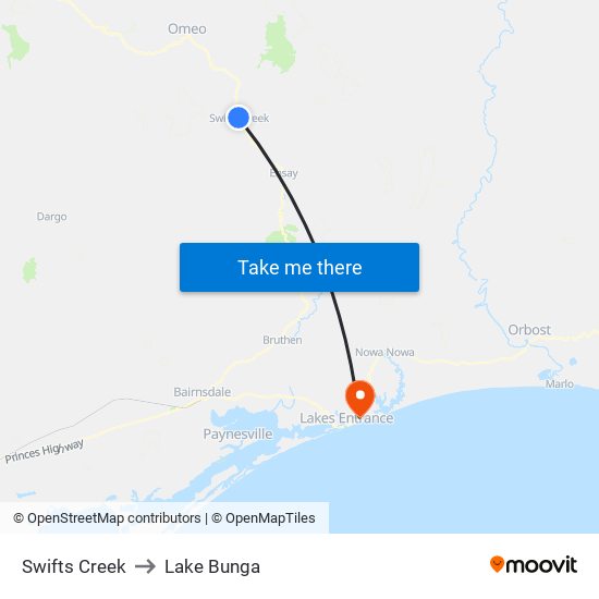 Swifts Creek to Lake Bunga map