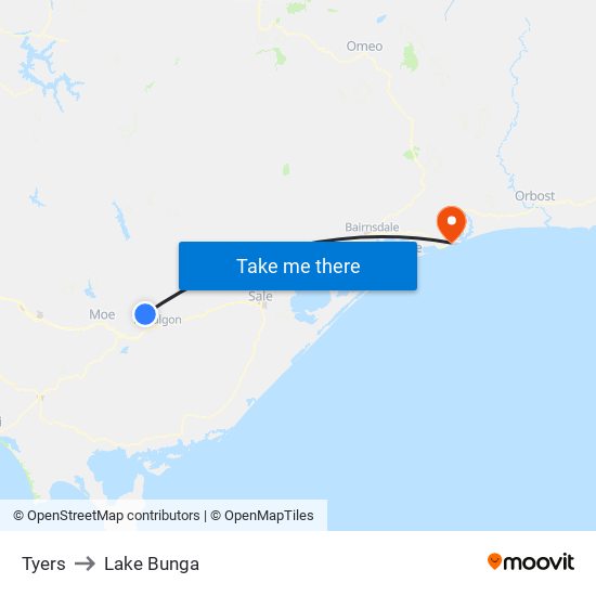 Tyers to Lake Bunga map