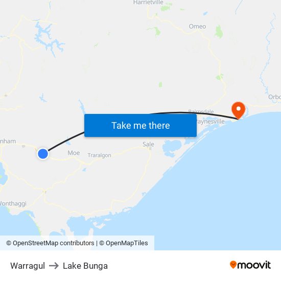 Warragul to Lake Bunga map