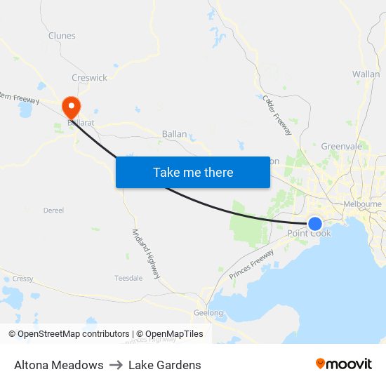 Altona Meadows to Lake Gardens map