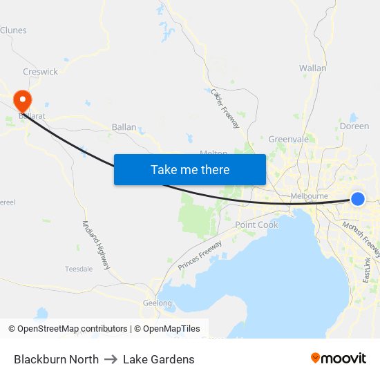 Blackburn North to Lake Gardens map