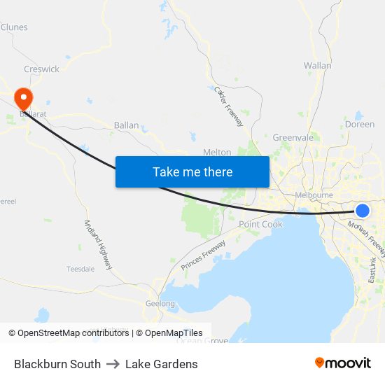 Blackburn South to Lake Gardens map