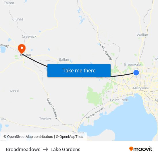 Broadmeadows to Lake Gardens map