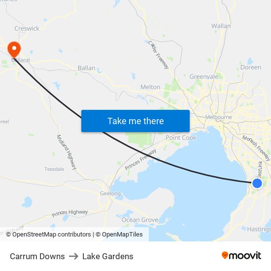 Carrum Downs to Lake Gardens map