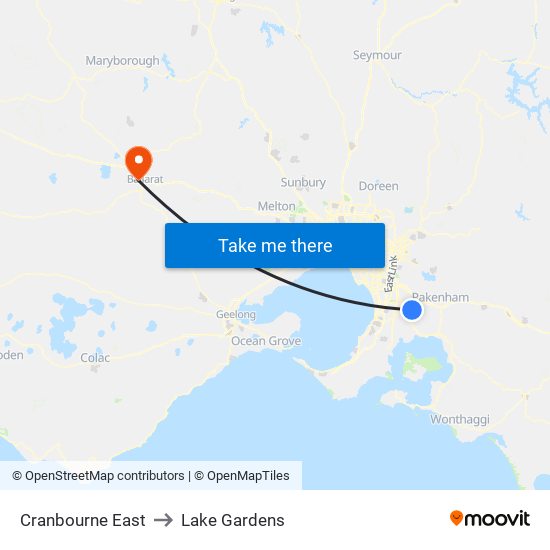 Cranbourne East to Lake Gardens map