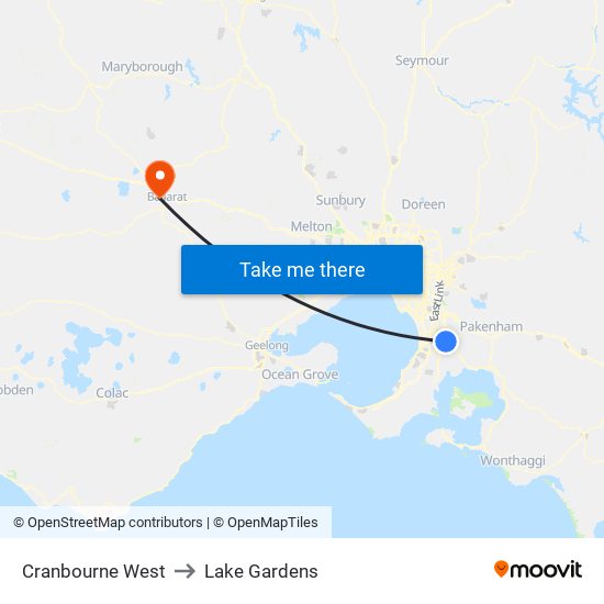 Cranbourne West to Lake Gardens map