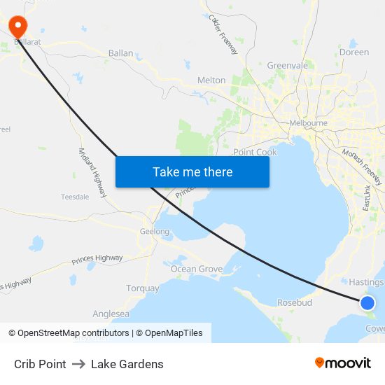 Crib Point to Lake Gardens map