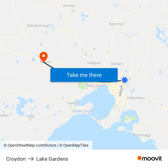 Croydon to Lake Gardens map