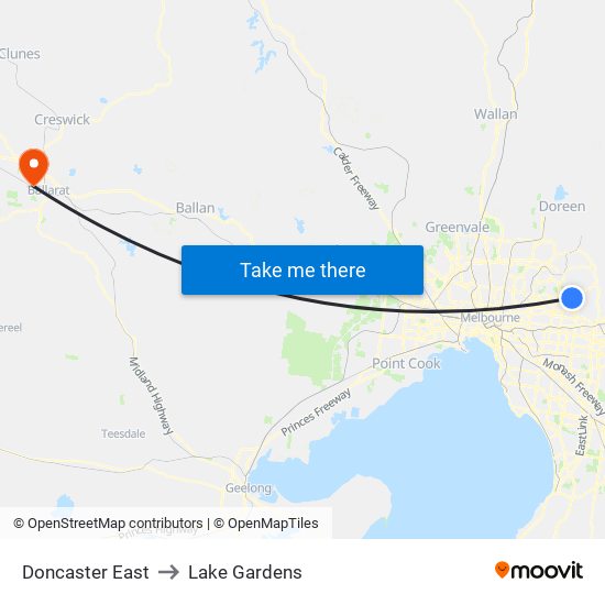 Doncaster East to Lake Gardens map