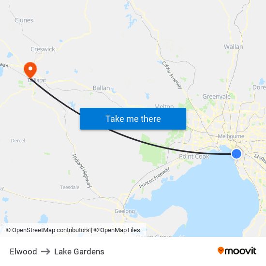 Elwood to Lake Gardens map