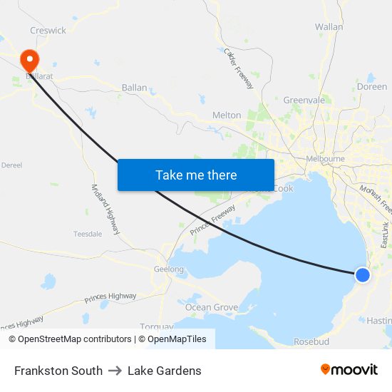 Frankston South to Lake Gardens map