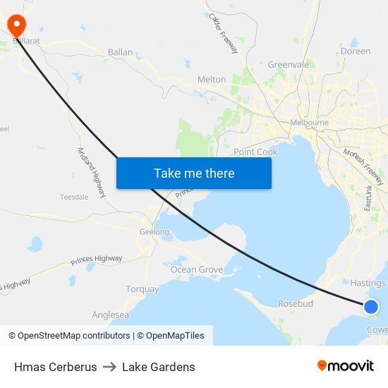 Hmas Cerberus to Lake Gardens map