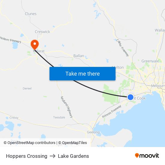 Hoppers Crossing to Lake Gardens map