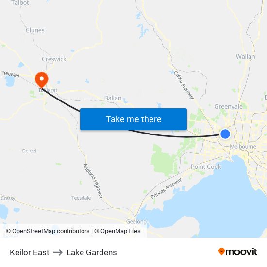 Keilor East to Lake Gardens map