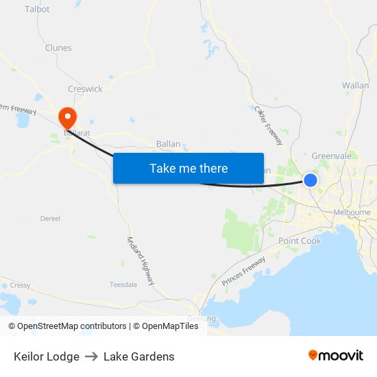 Keilor Lodge to Lake Gardens map