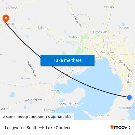 Langwarrin South to Lake Gardens map