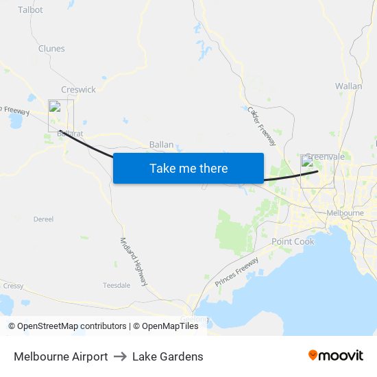 Melbourne Airport to Lake Gardens map