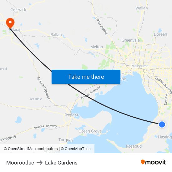Moorooduc to Lake Gardens map