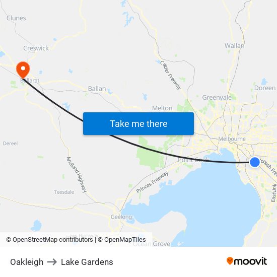 Oakleigh to Lake Gardens map