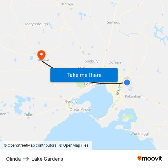 Olinda to Lake Gardens map