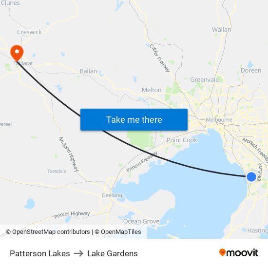 Patterson Lakes to Lake Gardens map