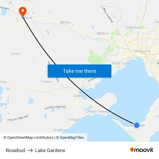 Rosebud to Lake Gardens map