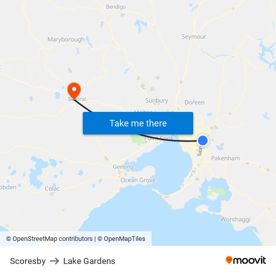 Scoresby to Lake Gardens map