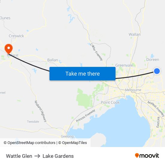 Wattle Glen to Lake Gardens map