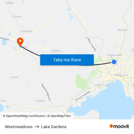 Westmeadows to Lake Gardens map