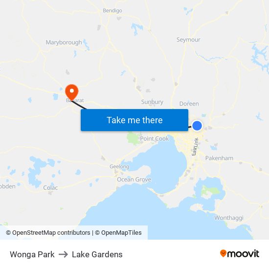 Wonga Park to Lake Gardens map