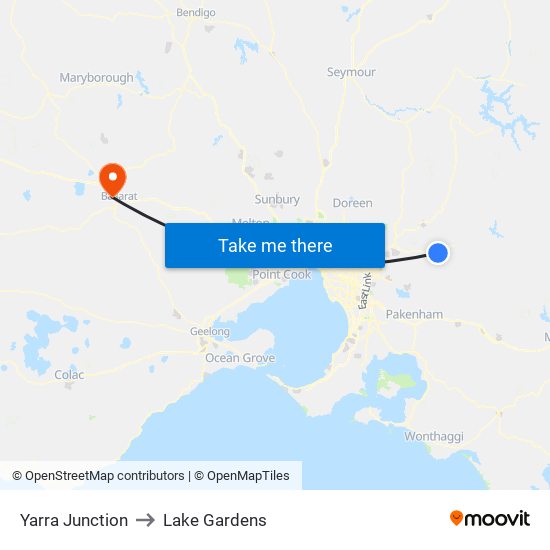 Yarra Junction to Lake Gardens map