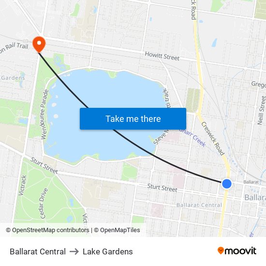 Ballarat Central to Lake Gardens map