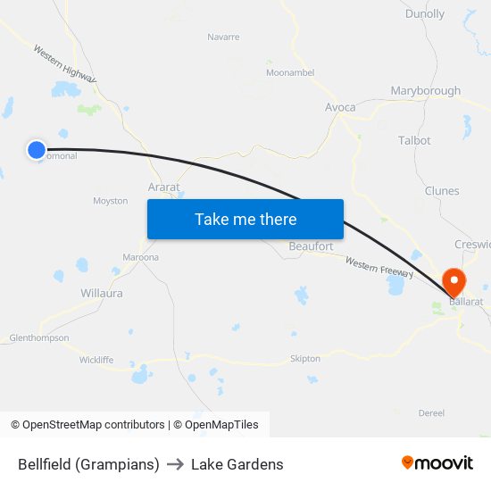 Bellfield (Grampians) to Lake Gardens map