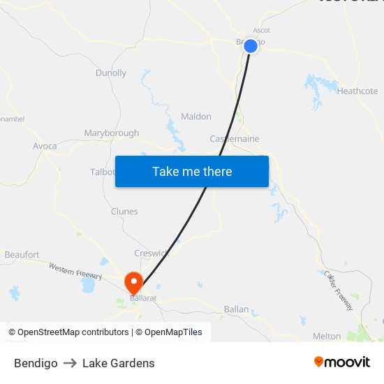 Bendigo to Lake Gardens map