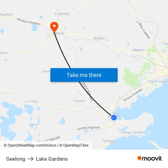Geelong to Lake Gardens map