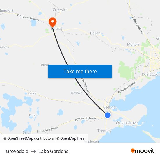 Grovedale to Lake Gardens map