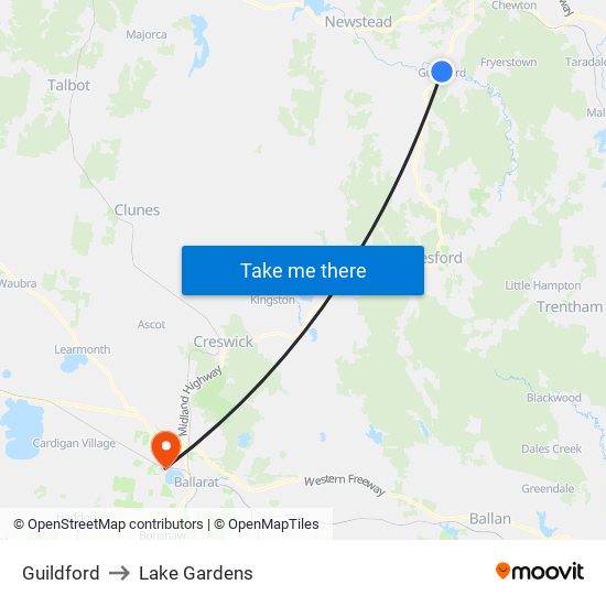 Guildford to Lake Gardens map