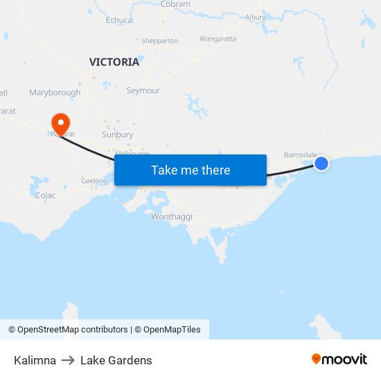Kalimna to Lake Gardens map