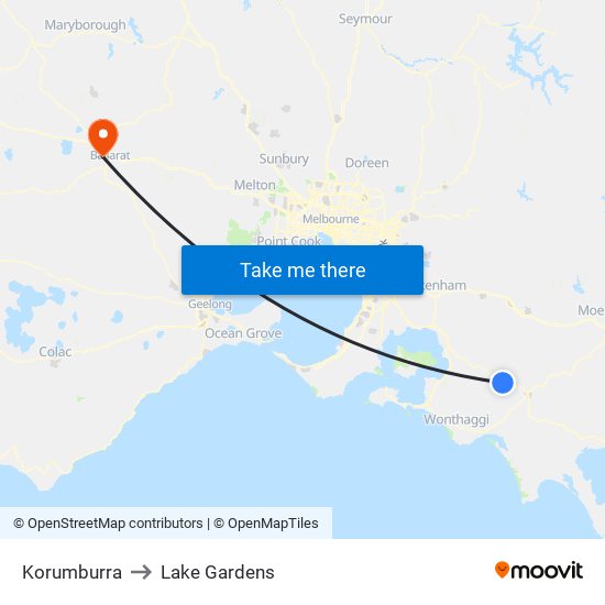 Korumburra to Lake Gardens map