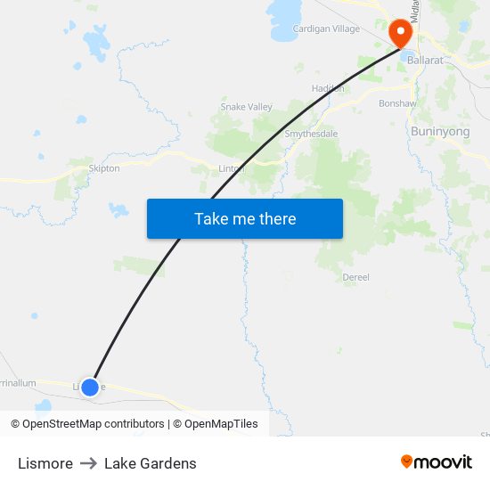 Lismore to Lake Gardens map