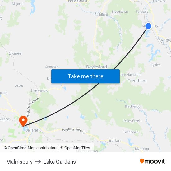 Malmsbury to Lake Gardens map