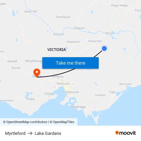 Myrtleford to Lake Gardens map