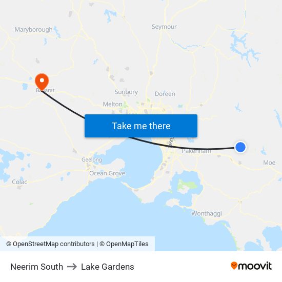 Neerim South to Lake Gardens map