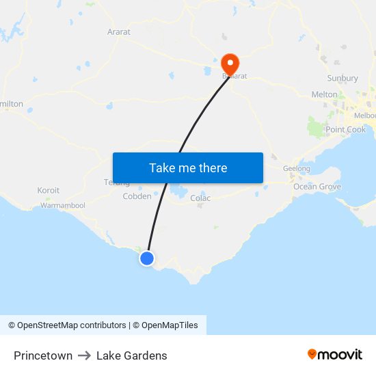 Princetown to Lake Gardens map