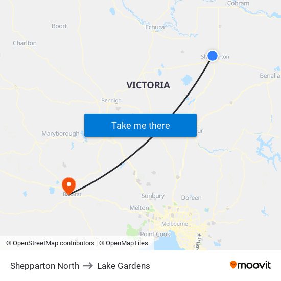 Shepparton North to Lake Gardens map