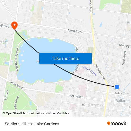 Soldiers Hill to Lake Gardens map