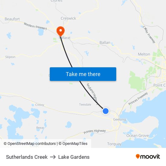 Sutherlands Creek to Lake Gardens map